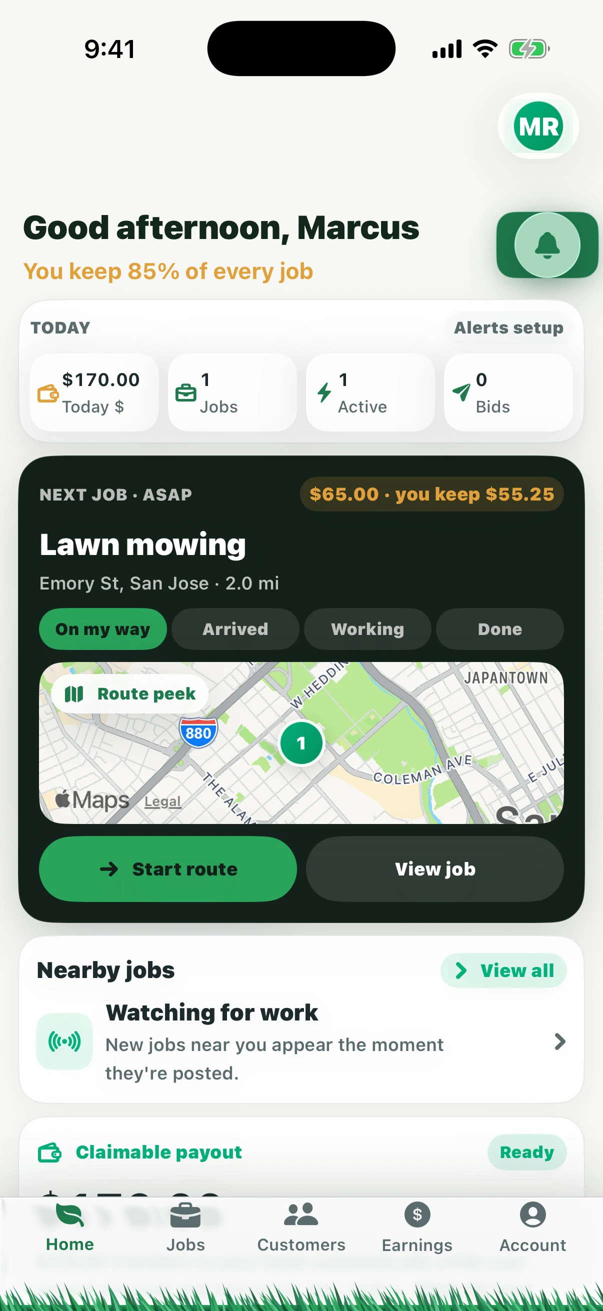 Grasshopper home screen: Good afternoon Marcus, you keep 85% of every job, $170 today, next job paying $65 of which the Grasshopper keeps $55.25, with a route map.