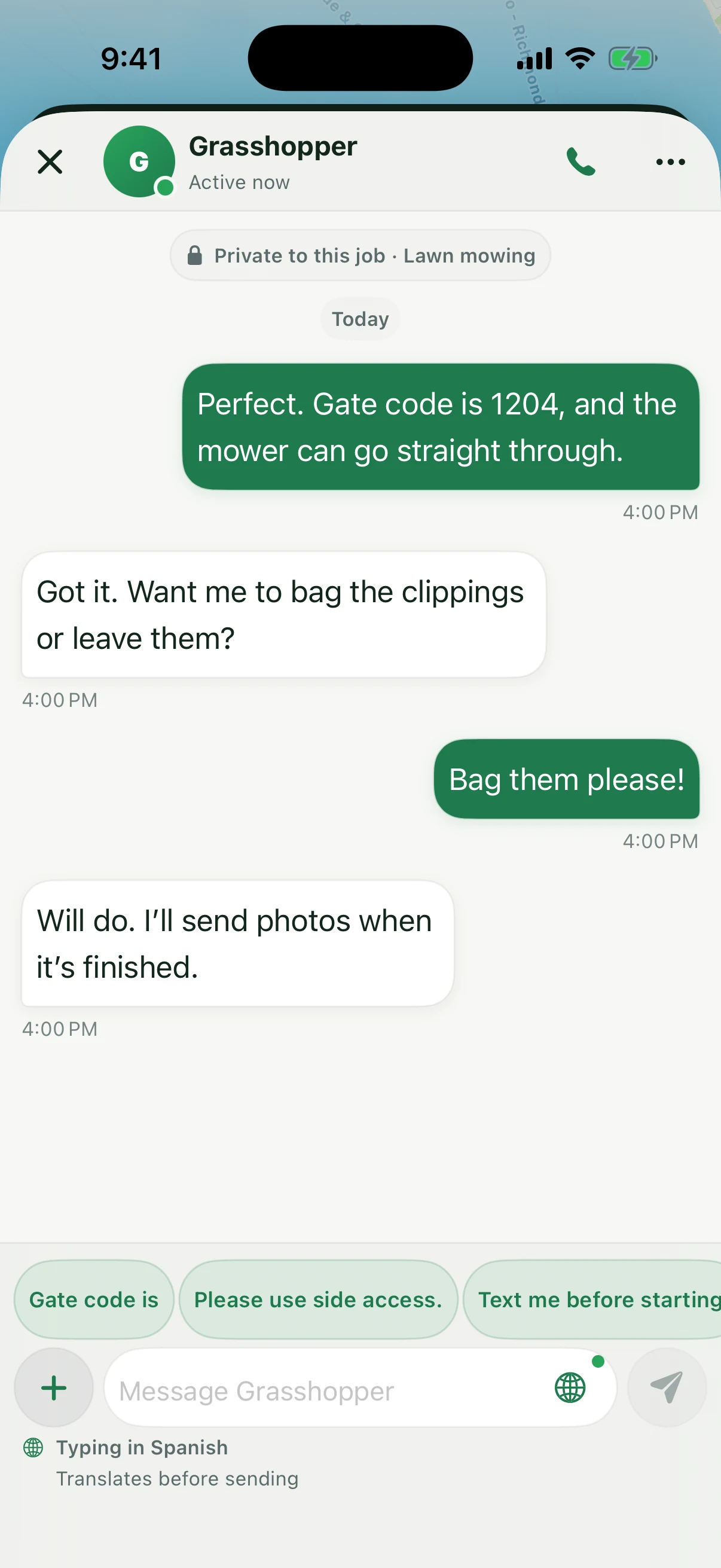 In-app chat with the Grasshopper: gate code, whether to bag clippings, and a promise to send photos when finished — with a call button in the header.